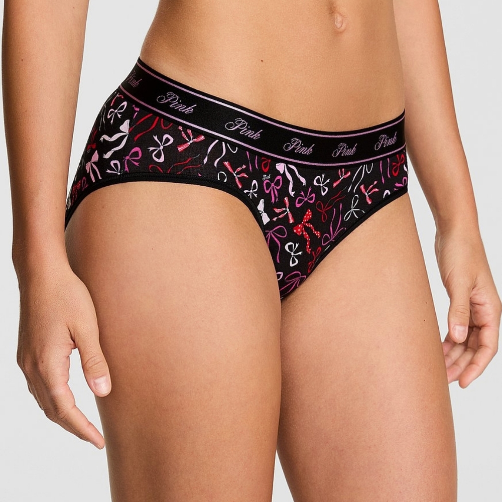 New PINK Victoria's Secret Logo Cotton Hiphugger Panty Size XXL Black Bow Print